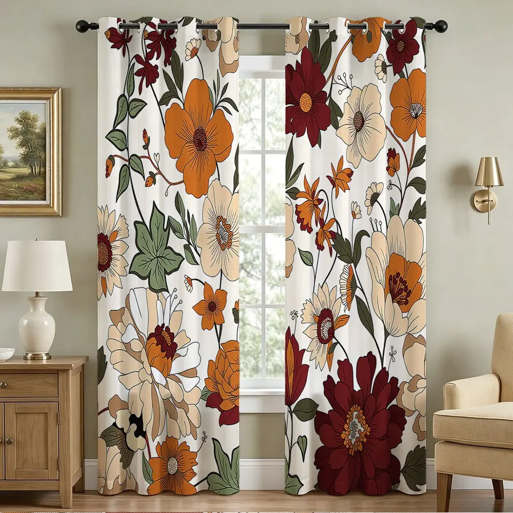 Colorful Floral Blackout Curtains, Boho Retro Groovy Hippie Funky Flowers Room Darkening, Modern Art Bedroom Living Room Decor Grommet Window Curtain Panels Window Drapes 2 Panel