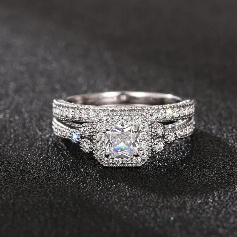 2PC/Set Gorgeous Cubic Zirconia Statement Ring For Women For Valentine's Day Gift Wedding Anniversary Party Jewelry Stackable Finger Rings Copper Rings