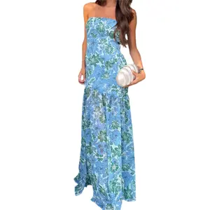 Elegant Off-Shoulder Maxi Dress with Boho Floral Print and Open Back Design for Summer Wedding Party Vacation Wear NONE