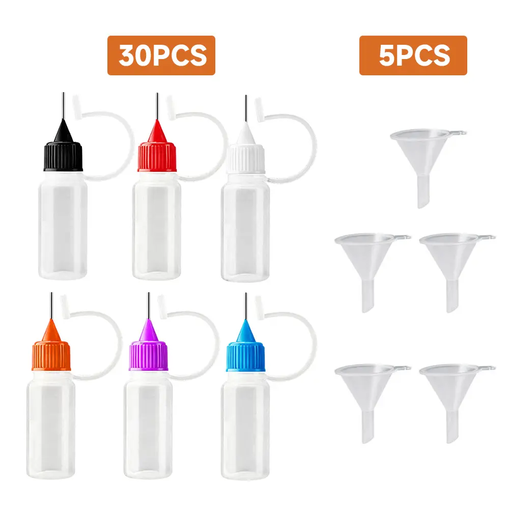 Pack of 30 Precision Applicator Bottle Set, 30 Needle Tip Squeeze Bottles and 5pcs Mini Funnels for Acrylic Painting, DIY Quilling and Paper Craft (10ml)