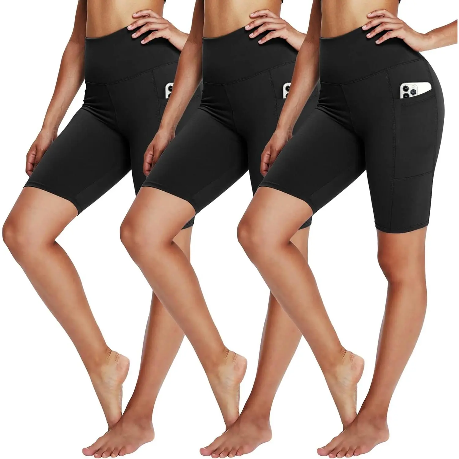 Women's 3 Pack Solid Black Biker Shorts, 8" High Waisted Tummy Control Training Shorts for Gym Workouts & Yoga