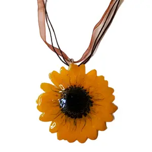 Real Sunflower Necklace and Earrings with Elegant Brown Ribbon Cord for Women's Fashion Accessories