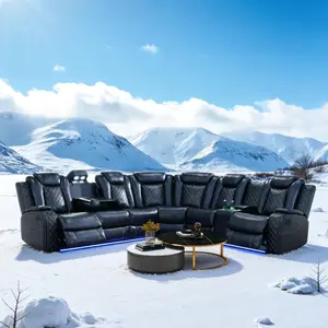 A AINEHOME LED Lighting Recliner Sofa Set Black Breathing Leather 3-Piece Living Room Recliner Sofa with Adjustable Backrest & Storage Buckets