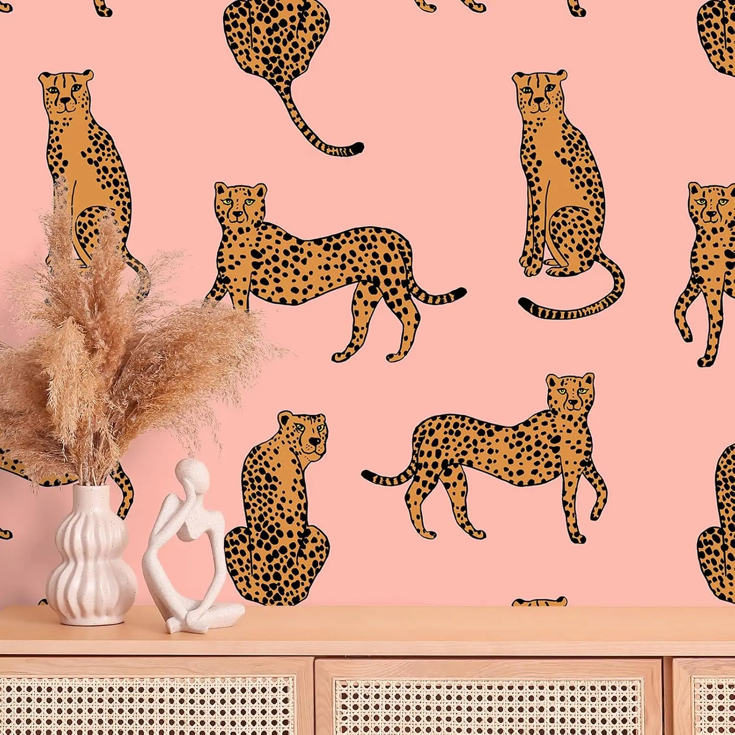 VEELIKE Boho Leopard Wallpaper, Pink Cheetah Peel and Stick Wallpaper for Nursery Bathroom Bedroom, Removable Leopard Animal Wall Paper, Self Adhesive Pink Contact Paper for Walls Cabinets, 17.7in x 118''