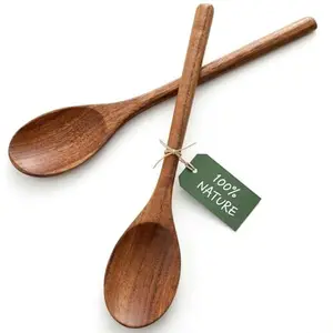 HAKSEN 2PCS Wooden Cooking Spoons, Natural Acacia Wood Kitchen Utensil, 12Inch Large Wooden Mixing Spoons for Nonstick Cookwares, Comfort Grip, Durable, Kitchen Gifts for Women, Cooking Gifts for Men