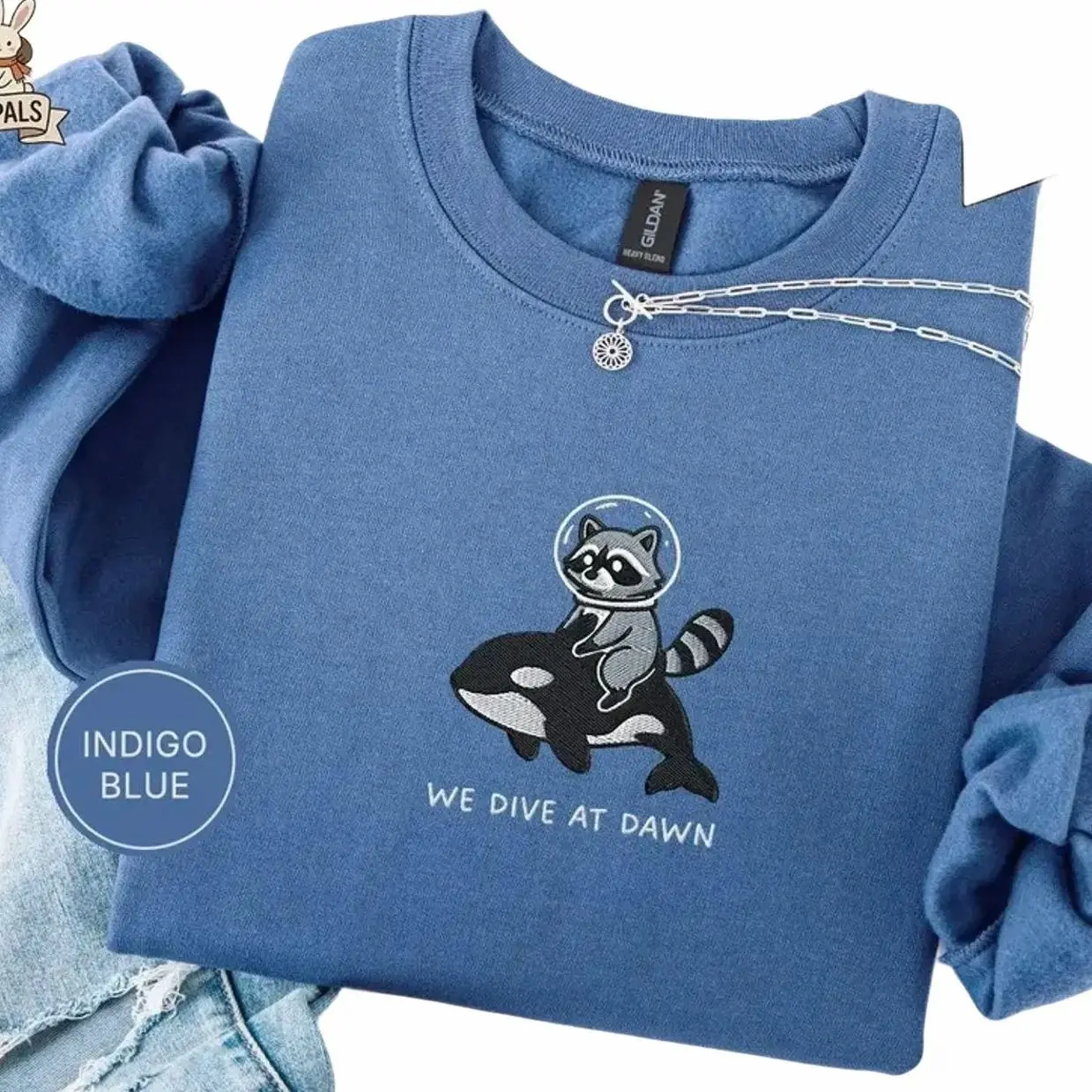 Embroidered Raccoon Orca Sweatshirt - We Dive at Dawn, Funny Ocean Animal Sweater, Whale Lover Gift, Cute Raccoon, Killer Whale Sweatshirt