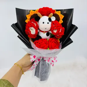 Handmade Knitted Carnation Rose Sunflower Cute Cow Doll Bouquet, Mother's Day Friend Lover Grandmother Party Gift Fake Flower Arrangement