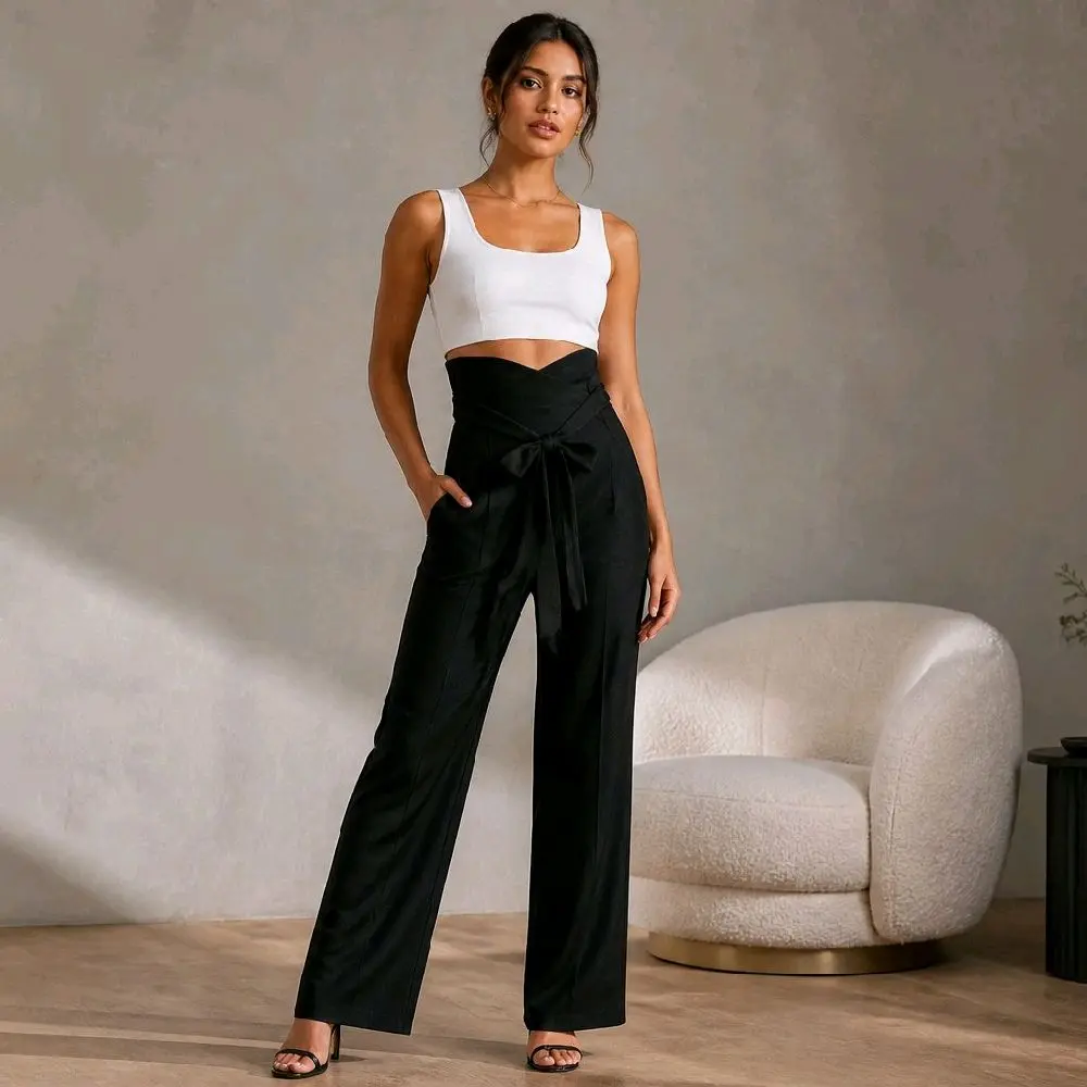 Chic High-Rise Paperbag Waist Wide Leg Trousers - Minimalist Workwear S 4