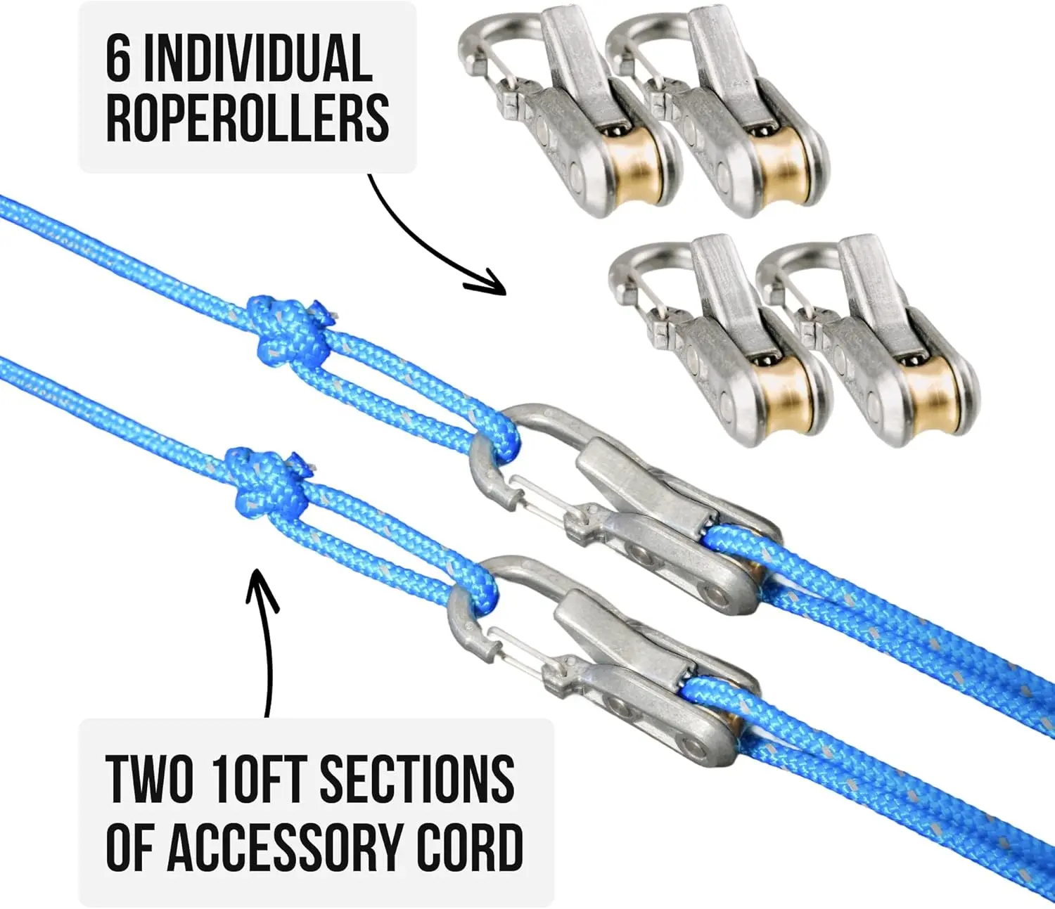 Heavy Duty Roller Rope Tensioner Kit (6 Pack) - Outdoor Fastening Tool with 2×10FT Reflective Cords & Storage Case, Rapid Lock for Tarps, RV, Marine Gear
