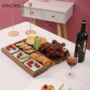 Wooden Cheese Deli Set, 1 Set Large Capacity Cheese Cutlery Set with Cutlery & 3 Ceramic Bowls, Dinner Set for Cheese, Meat, Fruit