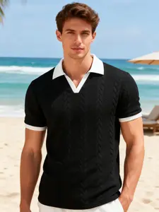 Men's Spring ＆ Summer Outfits Textured Knit Menswear Polo Shirt, Polo Style, Contrast Collar & Cuffs, V-Neck Short Sleeve, Casual Breathable Top for Beach, Tropical Vacation & Daily Wear