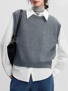 Womens Chic Sleeveless Knit Sweater Vest - Grey Crew Neck Ribbed Hem Layered Pullover Top for Fall Winter Office or Weekend Wear Soft Lightweight Warm Fabric Casual Breathable