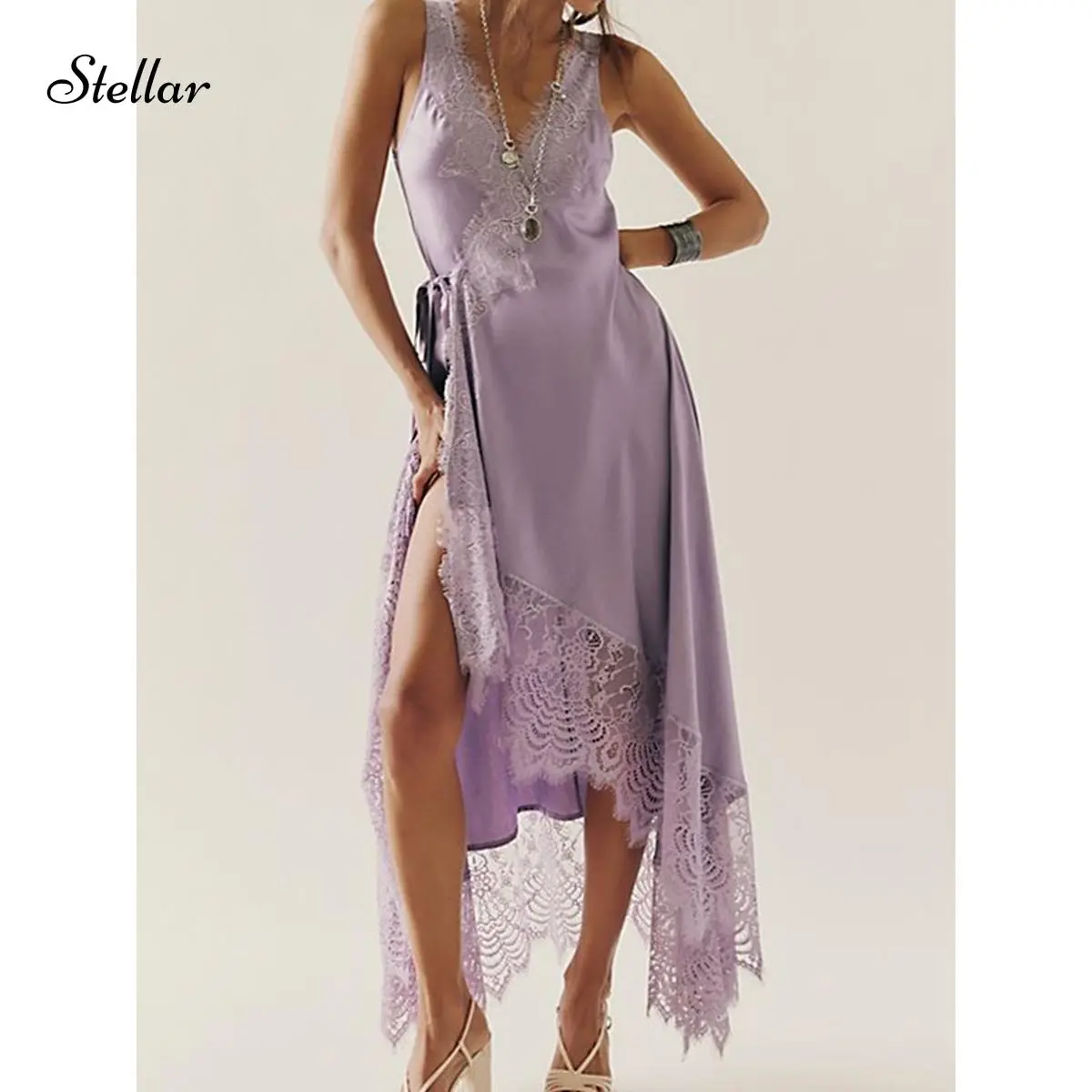 Womens Slip Lace Long Maxi Wrap Dress Y2k Aesthetic Flowy Swing Going Out  Boho Ruffle Hem Streetwear Dresses - TikTok Shop