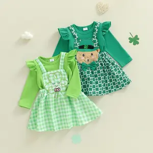 Toddler Girls Spring Outfits Solid Color Long Sleeve Tops Shamrock Embroidery Plaid Suspender Skirt Two Piece Outfits
