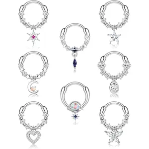 Sanfenly 8Pcs 16G Dangle Septum Rings for Women, CZ Septum Ring, Blue Planet Moon Star Heart Septum Jewelry, Septum Clicker Ring, Daith Earrings, Helix Cartilage Piercing Jewelry