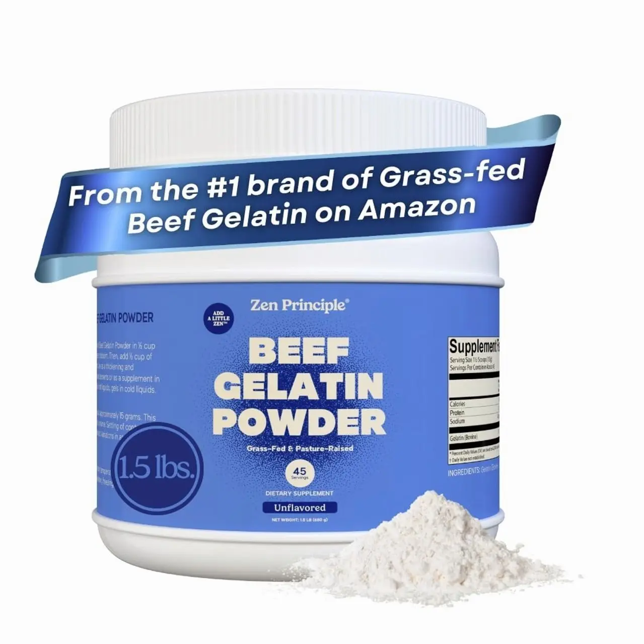 Zen Principle Grass-Fed Gelatin Powder, 1.5 lb. Custom Anti-Aging Protein for Healthy Hair, Skin, Joints & Nails. Paleo and Keto Friendly. Cooking and Baking. GMO-Free and Gluten-Free. Unflavored.
