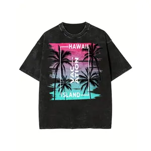 One 100 Percent Cotton Front Washed T Shirt Hawaii Vacation Island Palm Tree Design Summer Beach Holiday Unisex Casual Wear 230g