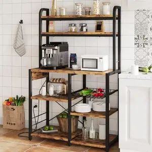 Rustic Brown 6-Tier High-Strength Steel Frame Baker’s Rack, Renter-Friendly Dual-Purpose Shelf with Adjustable Legs, Power Outlet, Microwave Stand, Wire Drawer, Bookshelf Storage for Dining & Living Rooms