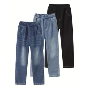 Three-piece boys' jeans and children's classic elastic waist jeans wide straight stretch jeans are suitable for children aged 3-12.