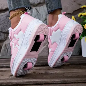 Girls' Pink Skate Shoes, Roller Skates with Detachable Wheels, Rotating Button Closure, All-Season Sports Shoes, Holiday Gift