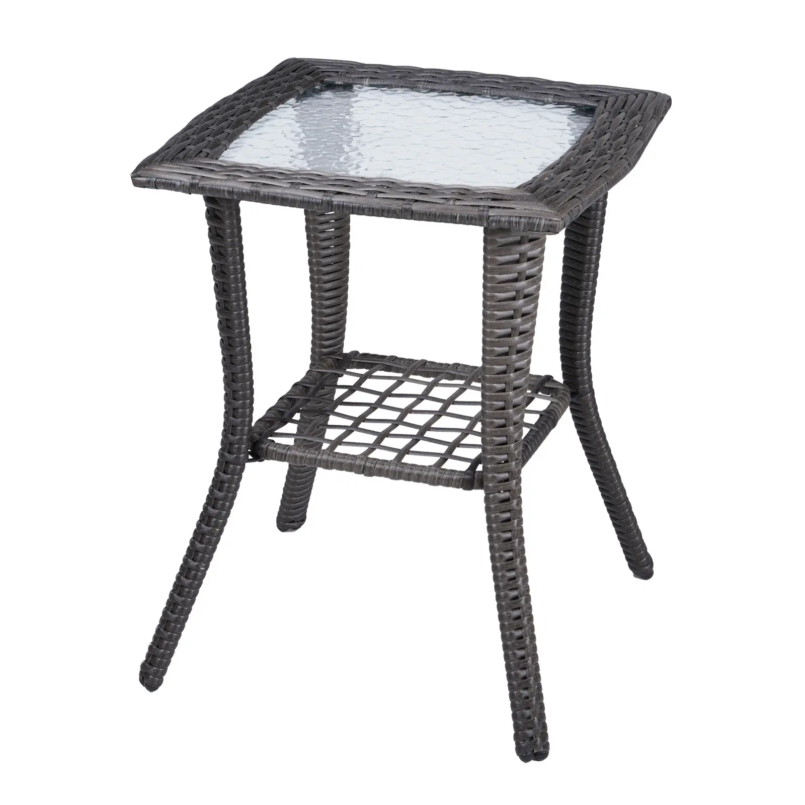 Outdoor Wicker Side Table with Glass Top - Rattan End Table, Water Ripple Tempered Glass & Lower Shelf for Patio, Garden, Balcony