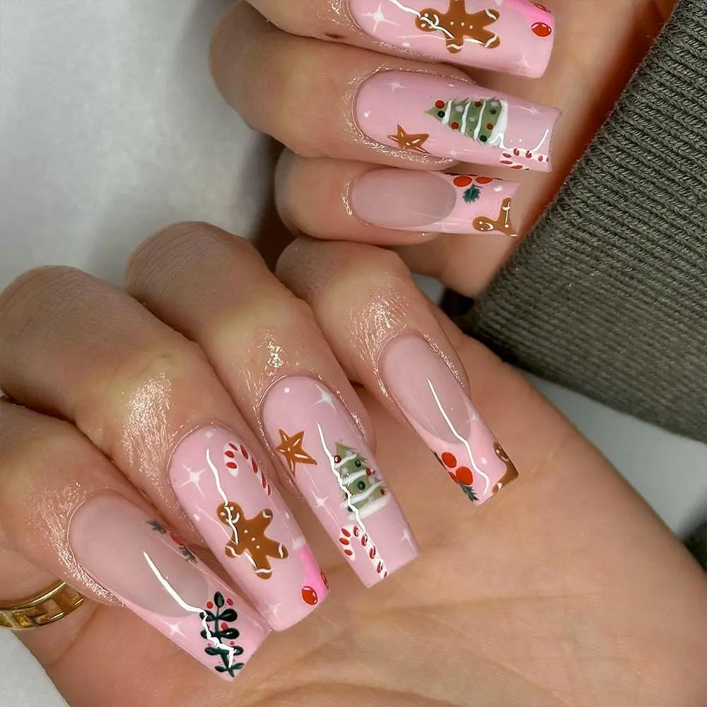 Christmas 24pcs Medium Square French Press-On Nails, Gingerbread Man Cane Sugar Christmas Tree Design, Glossy Acrylic False Nails