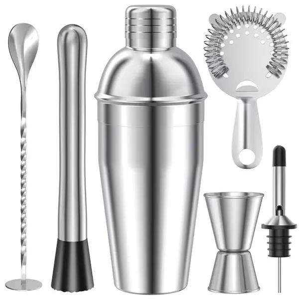 6 PCS Cocktail Shaker Set, 25oz Shaker, Strainer, Muddler, Jigger, Mixing Spoon, Pour Spout, Stainless Steel Bartender Kit