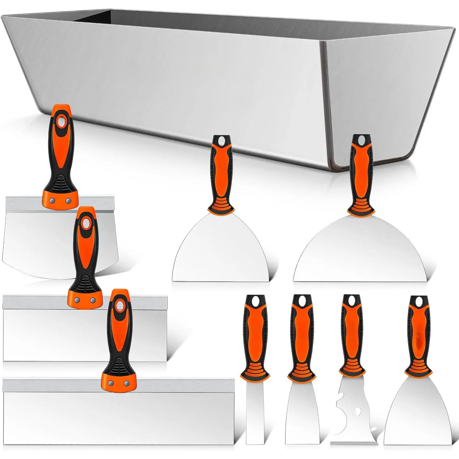 Drywall Knife Set, 10Pcs Drywall Tools Include Stainless Steel Putty Knife Set, Taping Knives, Painter Scraper, 14" Mud Pan and Scoop, Spackle Tool Kit for Joint Taping, Finishing, Patching