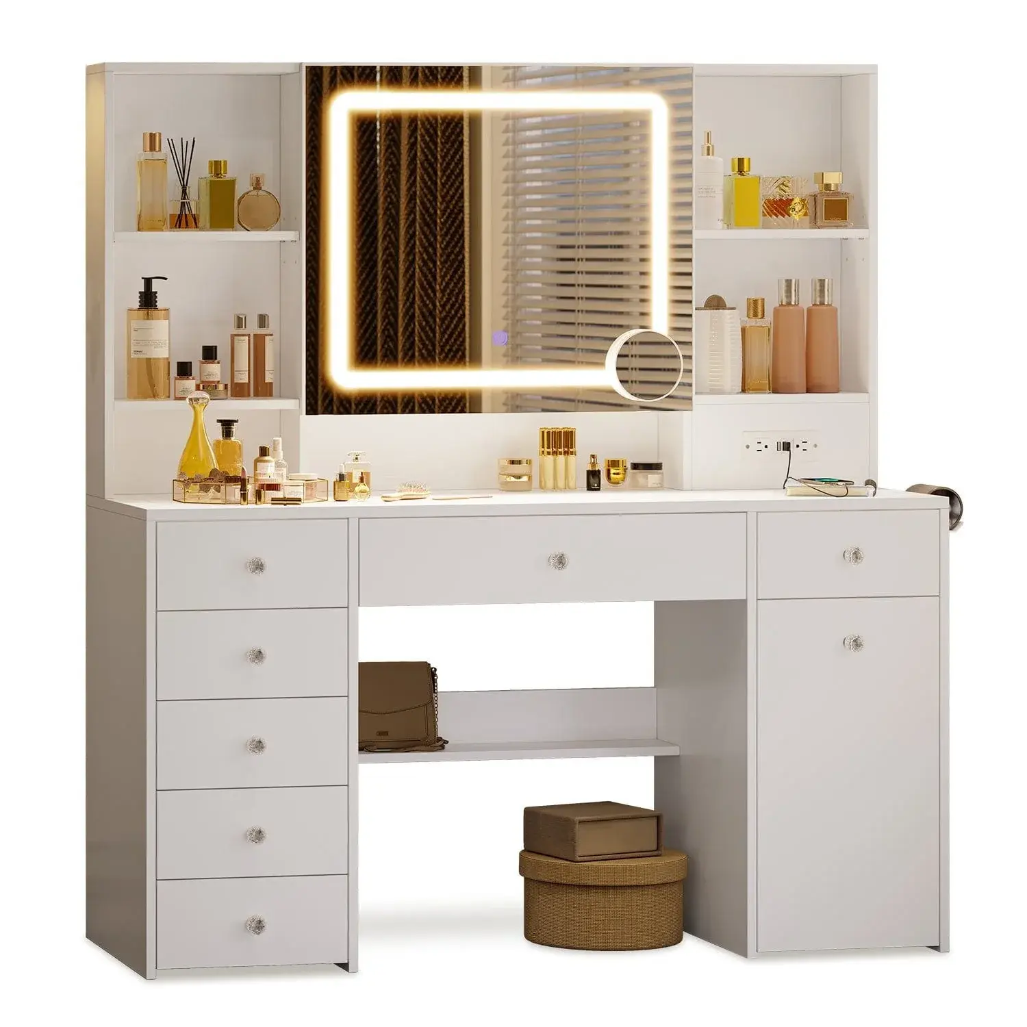 SIKAIC 47.2 Inch Makeup Vanity with Pull-Out LED Mirror, White Vanity Desk with Charging Station, Storage Drawers and Adjustable Design, Makeup Storage Desk, Vanity Organization