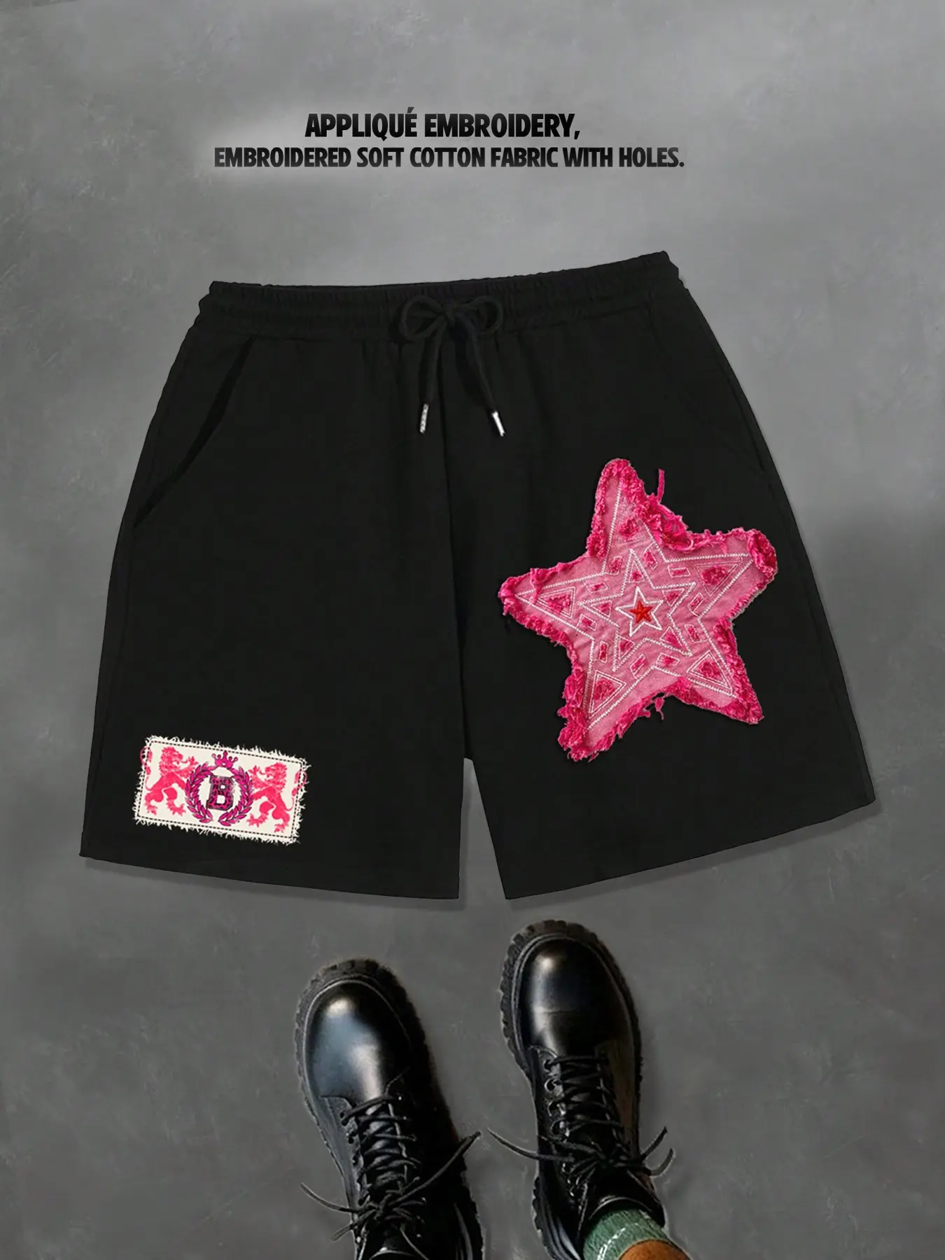 Embroidered pentagram patch fabric embroidered shorts for men, black shorts for men, summer beach pants for both men and women, 2026 bottoms pants European and American trendy casual shorts, Casual Fashionable Shorts, Casual Streetwear Shorts