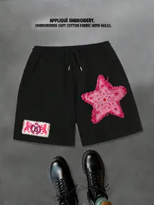 Embroidered pentagram patch fabric embroidered shorts for men, black shorts for men, summer beach pants for both men and women, 2026 bottoms pants European and American trendy casual shorts, Casual Fashionable Shorts, Casual Streetwear Shorts