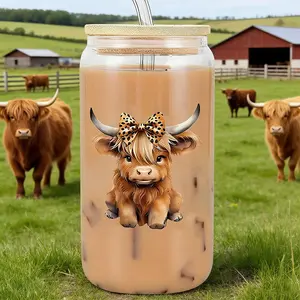 1pc Highland Cow Glass Cup, A Set Including a Coffee Mug with a Lid And Straw, Perfect As a Gift for Highland Lovers, a Ideal for Iced Coffee. Great for Birthdays, Or Any Occasion - 16Oz 473ml