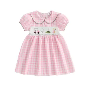 Kids Infant Toddler Baby Girl Golf Dresses Plaid Print Doll Collar Golf Cart Embroidery Short Sleeves Smocked Dress Party Princess A Line Dress Summer Clothes