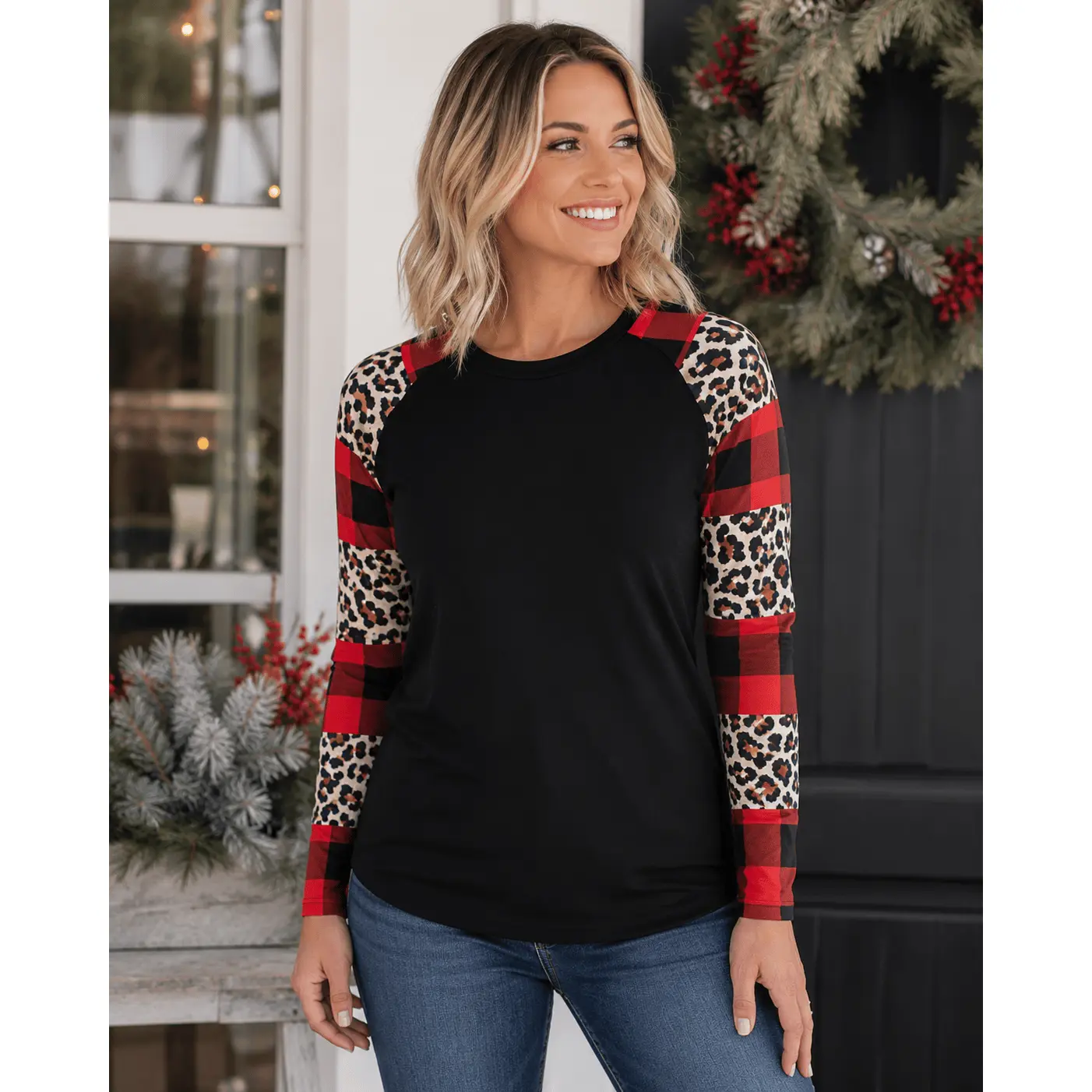 Color Block Sleeve Black Plaid Cheetah Top