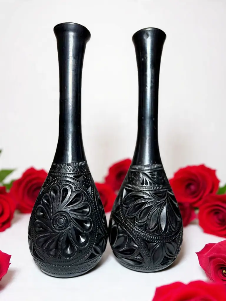Hand-Carved Barro Negro Vase, Oaxacan Black Clay Pottery, 14" Tall
