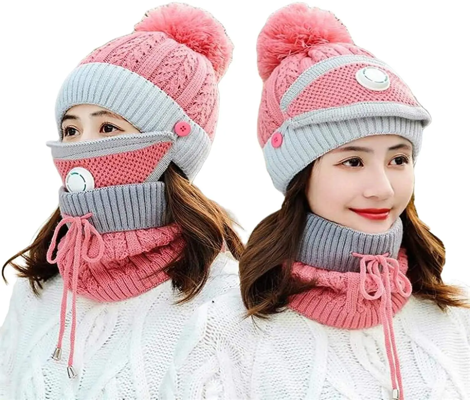 3 in 1 Winter Knitted Beanie Hat Face Neck Warmer Set for Women Girls Fleece Lining Ski Caps with Pompom