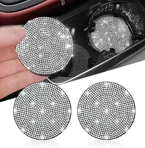 2pcs Bling Car Cup Holder Coaster, 2.75 inch Anti-Slip Shockproof Universal Fashion Coasters Insert Crystal Rhinestone Automotive Interior Accessories for Women