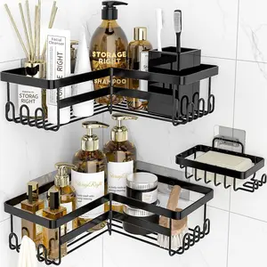 Corner Shower Caddy, 3 Pack Adhesive Bathroom Accessories with Soap Holder, Stainless Shower Organizer Shelf with Hooks, No Drilling Shower Shelves for Bathroom, Dorm and Kitchen