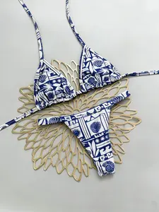Women's Bikini Set, Tie Back Bikinis, Triangle Bikini Bottoms, Triangle Bikini Top, Blue Shell Pattern Design, Geometric Ocean Elements, Backless Sexy Style, Perfect for Vacation Wear