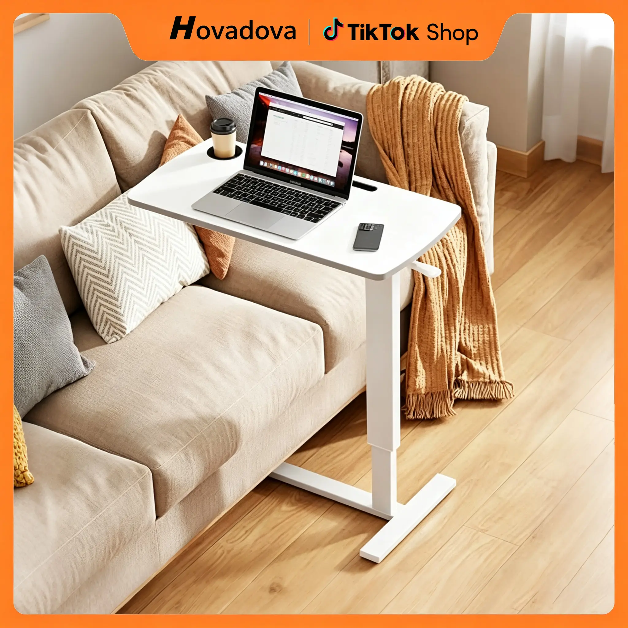 Foldable Overbed Table with Wheels, Pneumatic Adjustable Desk | 31.5 X 17.7 In Desktop with Cup Holders and Tablet Slot, Hidden Casters, 88 Lbs Capacity, Installs on Either Side of Bed
