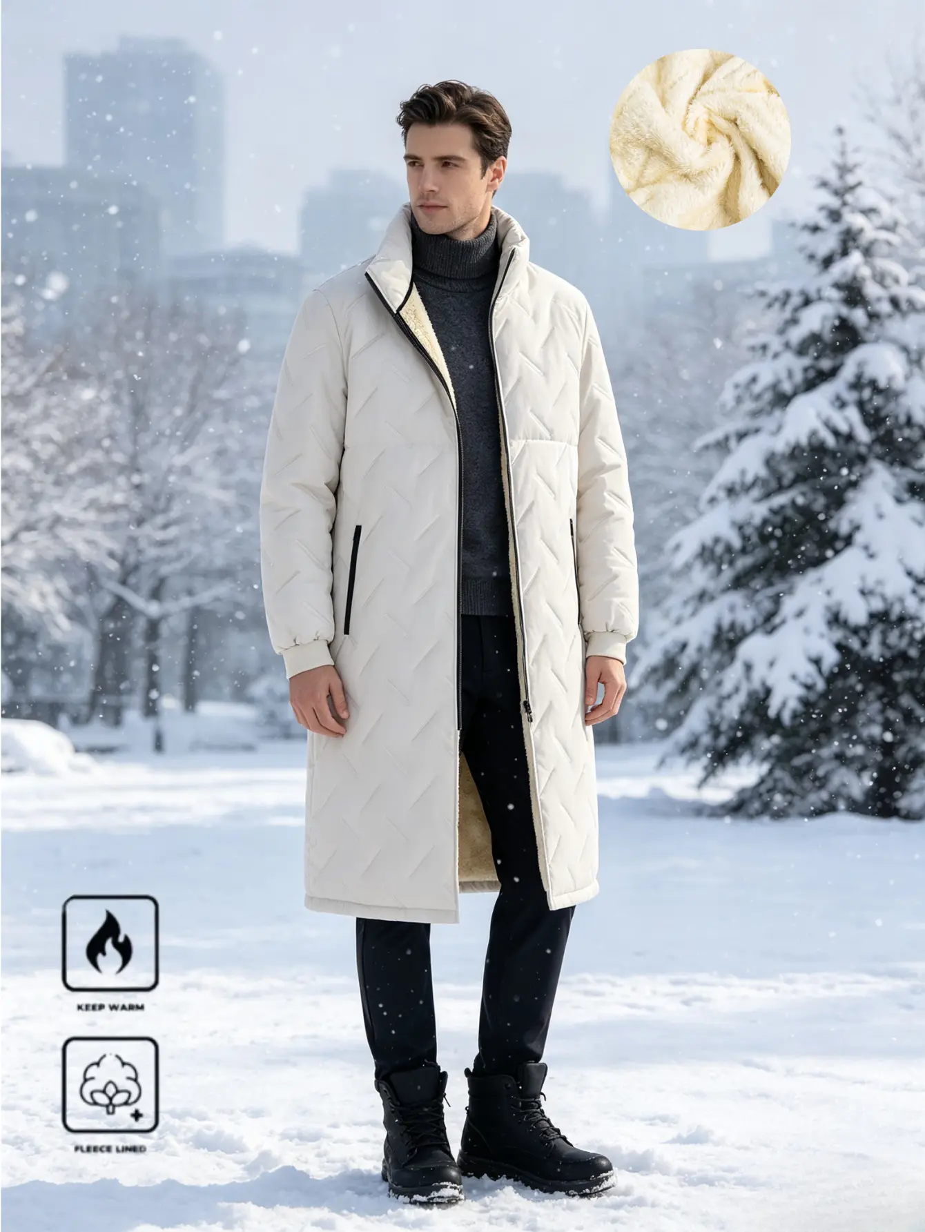 Men’s stand collar long winter coat, thickened for autumn/winter with fleece lining, providing extra warmth and protection against the cold. Jackets Menswear