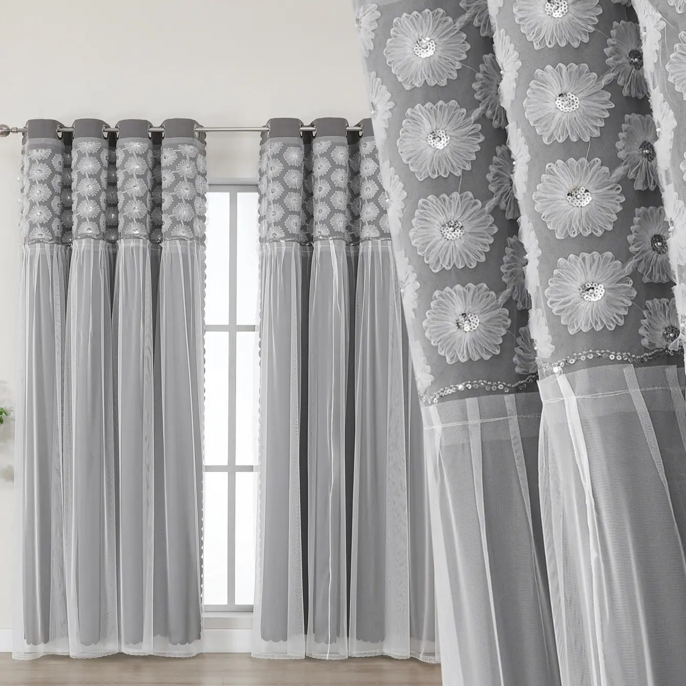 Modern Minimalist Lace Sheer Blackout Window Drapes with Sequin Decor, Insulated Soundproof UV Protection for Cozy Bedroom Living Room
