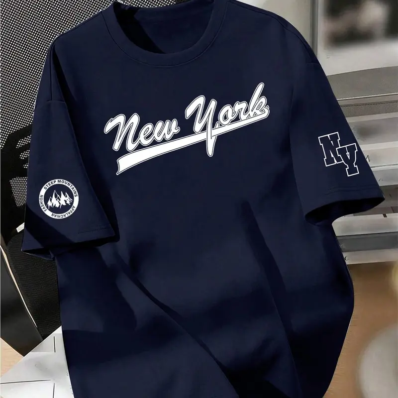 Men's Regular Fit Letter Print New York Ball Shirt Round Neck Tee, Casual Short Sleeve Crew Neck T-shirt for Daily Wear, Men's Top for Summer