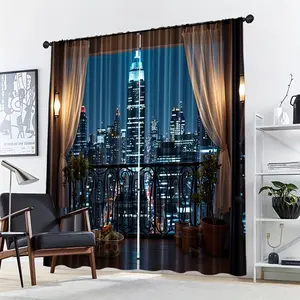 2 pieces city night print curtains, four seasons decorative polyester fabric, machine wash, filtered light, exotic style bedrooms and various rooms, untied - 100-120gsm, decorative window treatment | modern decoration | polyester fabric, living curtains