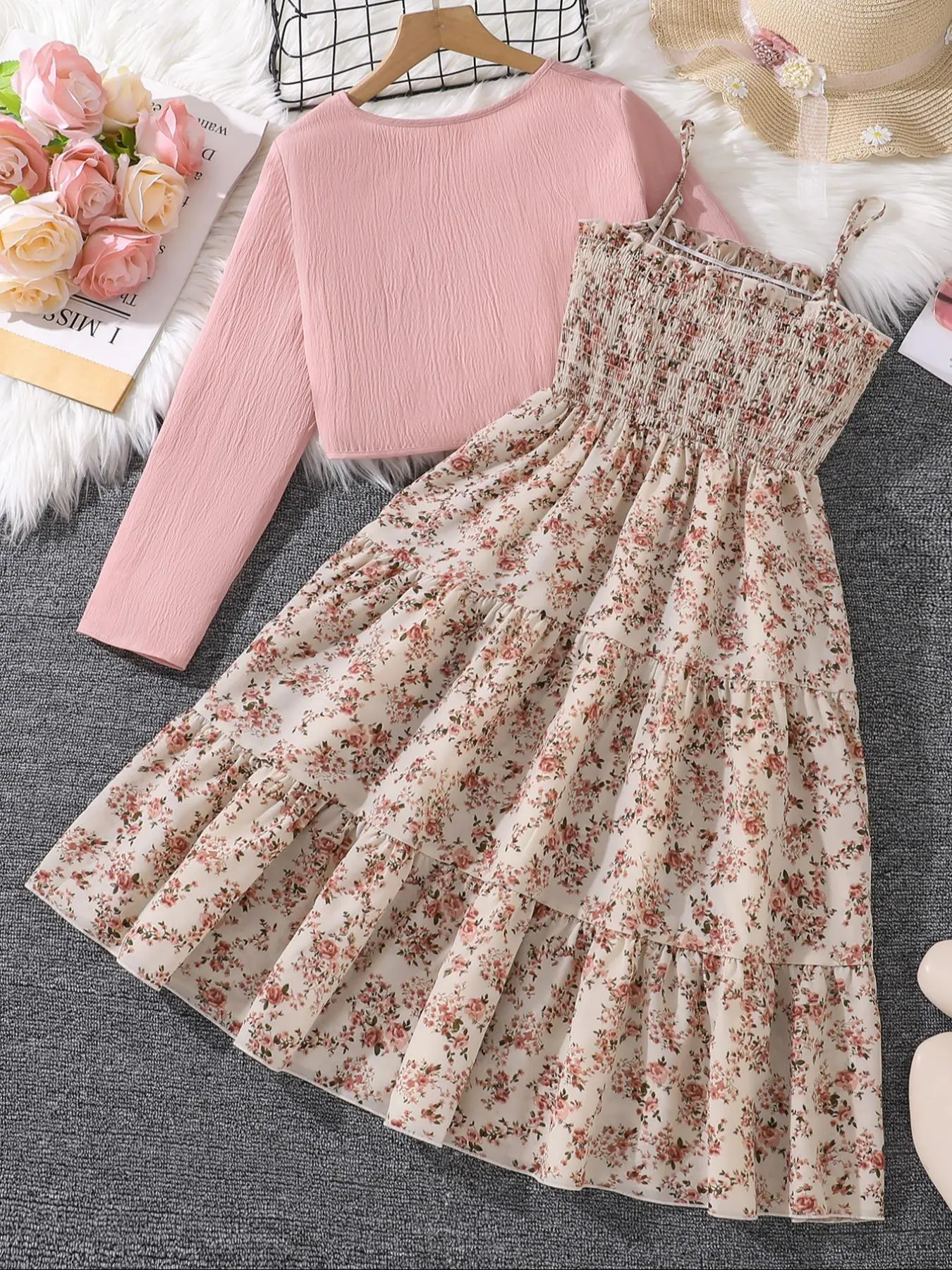Two-Piece Set Girl's Floral Print Shirred Crop Top & A Line Dress Set, Flower Dress, Two-Piece Set Girl's Floral Print Shirred Crop Top & A Line Dress Set, Flower Dress,