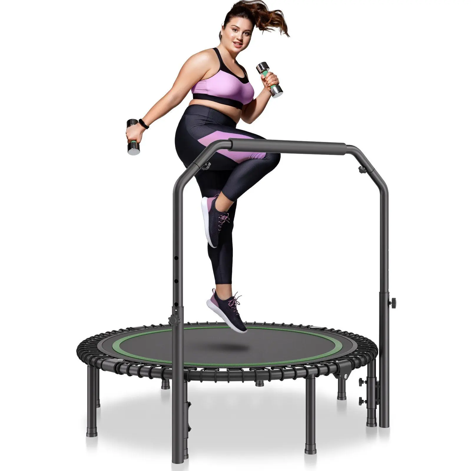 VEVOR 51" Foldable Mini Fitness Trampoline for Adults, Exercise Rebounder with Adjustable Handlebar, Non-Slip Footpads, Quiet Operation, Reinforced Legs, Robust Bungee System, Father's Day Gift