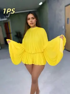 Women's Casual Basic Fitted Round Neck Long Sleeve Pleated Romper, Comfortable Home Wear, Versatile for Multiple Occasions, Perfect Valentine's Day Gift