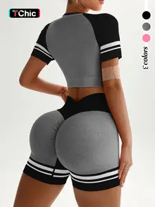 Casual Colorblock Sportswear Set, Summer Short Sleeve and High Waist Shorts, Seamless Knit, Comfortable Breathable, Ideal for Gym, Running, Yoga