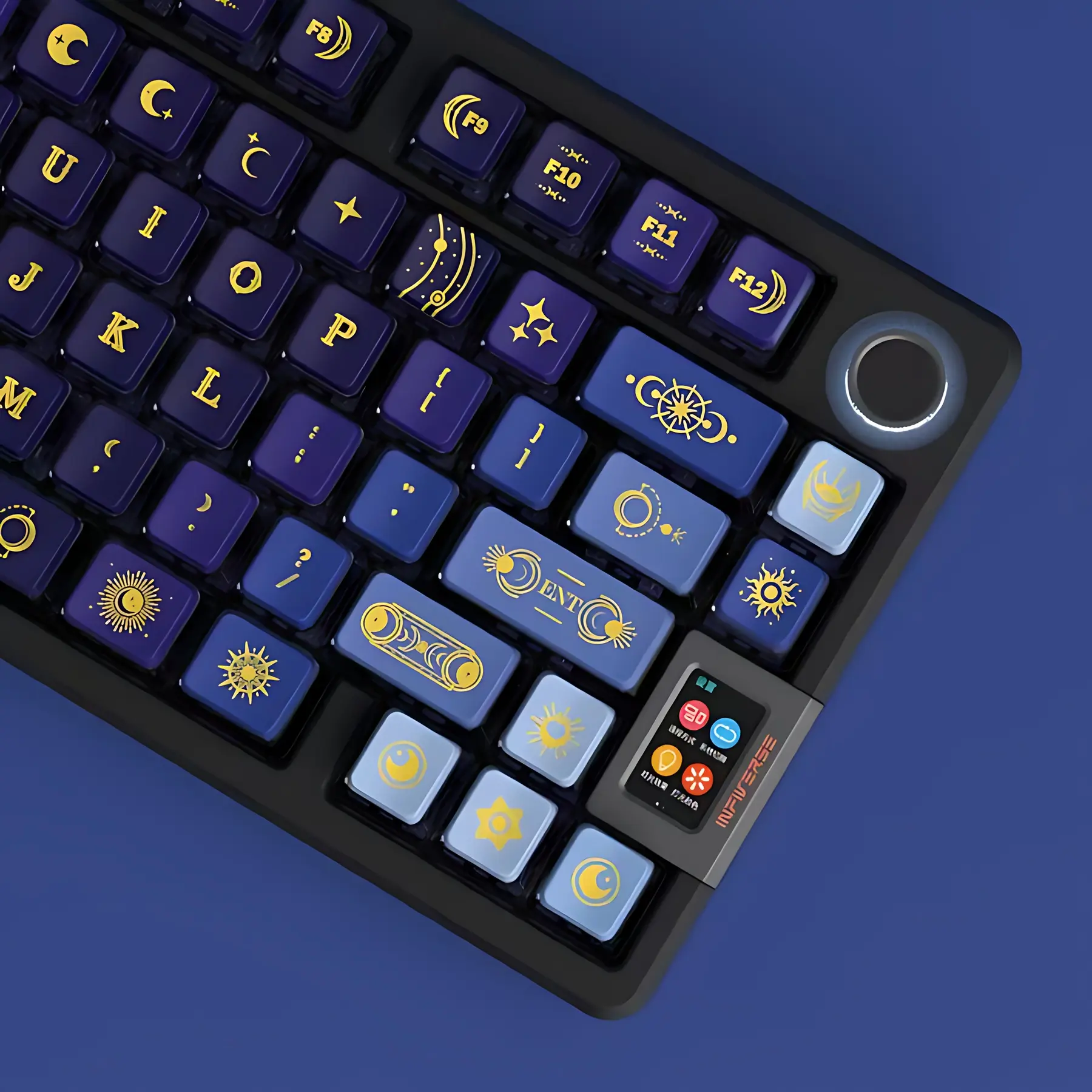 120 Keys in Blue And Golden Cosmic Starry Sky Keycaps, OEM Height, Made of PBT+PC Material, Vibrant Colors, Bottom Light-Transmitting Design Enhances The Stunning Effect When Paired with Backlit Keyboards. Compatible with Cross-Axis Mechanical Keybo
