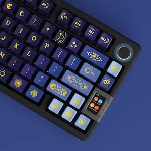 120 Keys in Blue And Golden Cosmic Starry Sky Keycaps, OEM Height, Made of PBT+PC Material, Vibrant Colors, Bottom Light-Transmitting Design Enhances The Stunning Effect When Paired with Backlit Keyboards. Compatible with Cross-Axis Mechanical Keybo